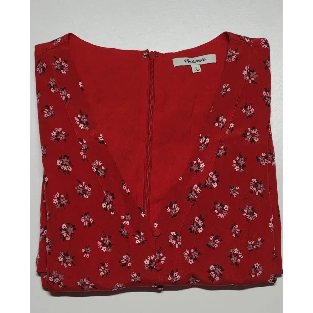 Madewell Red Silk Little Lilies Button‎ Front Ruffle Sleeve Short Dress Size 2